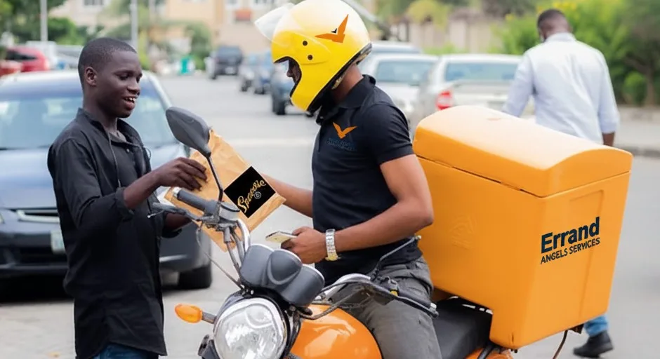 A delivery agent on a motorbike in Lagos traffic, carrying a branded delivery box labeled “Errand Angels Nigeria.