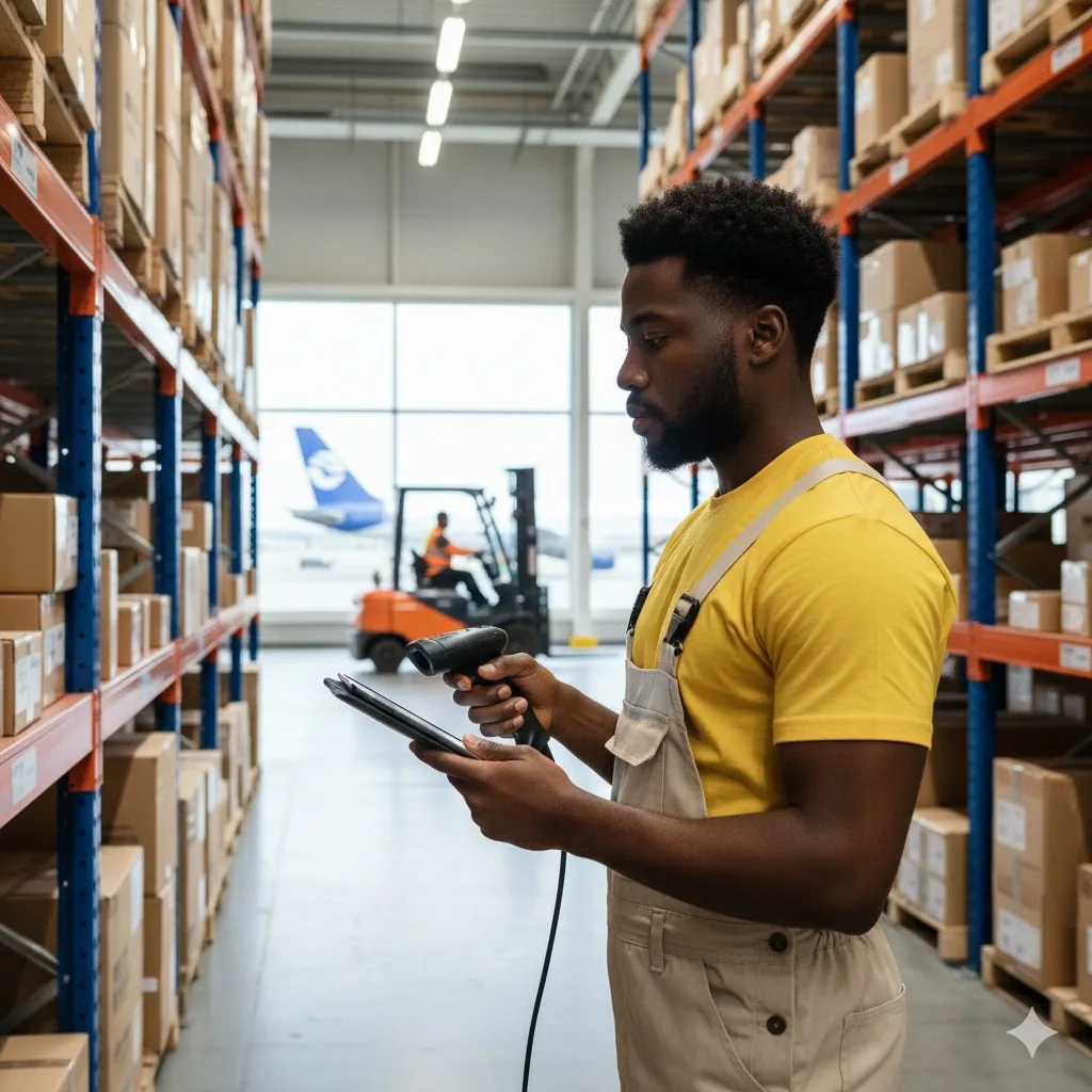 A delivery agent scanning barcodes on packages in an airport cargo area, representing fast e-commerce logistics.