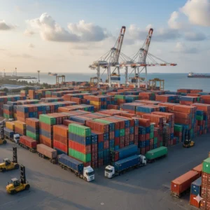 A photo of stacked cargo containers at Lagos Port with freight trucks and cranes in view, symbolizing international logistics activity in Nigeria.