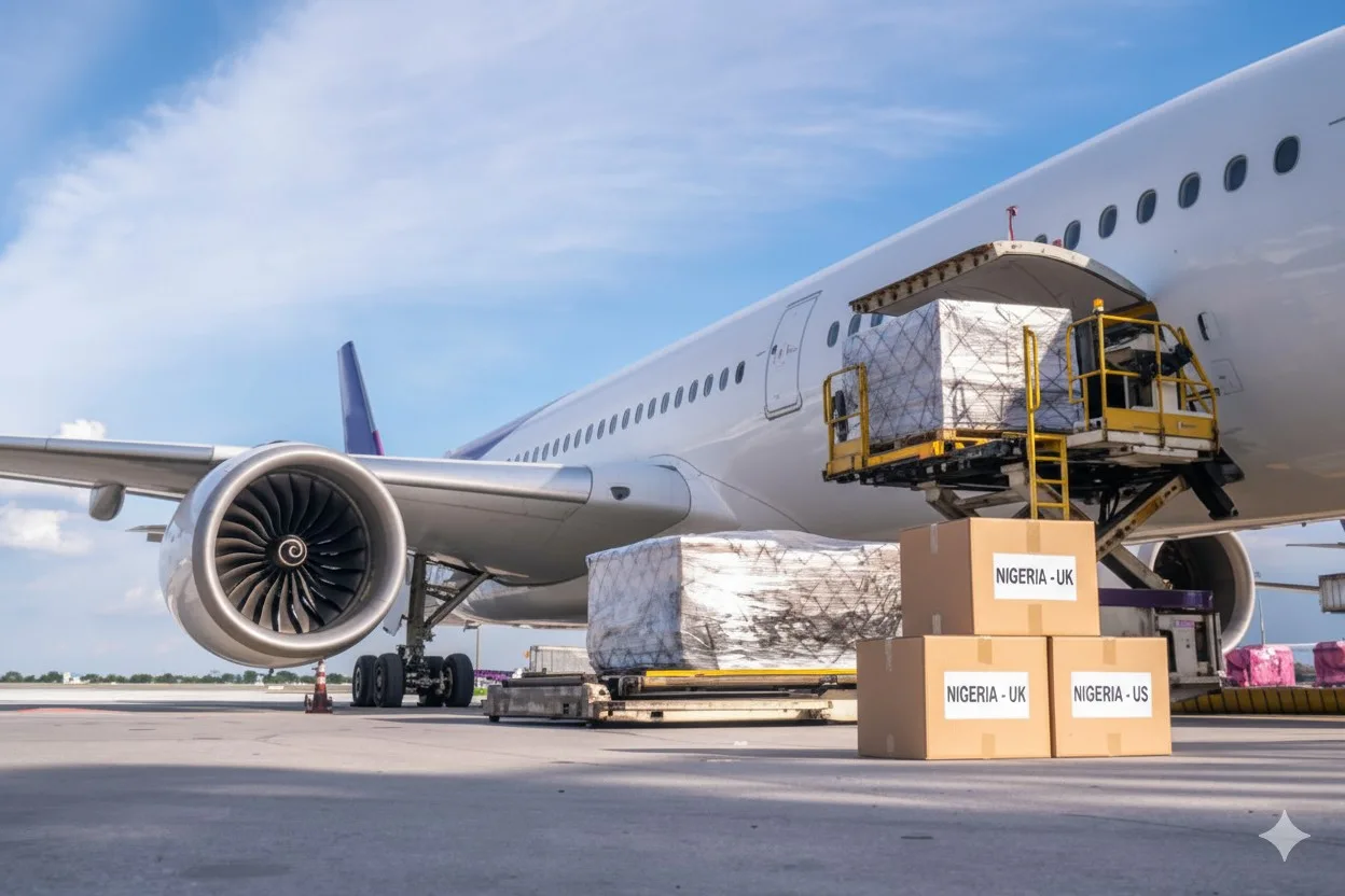 Cargo boxes labeled “Nigeria–UK” and “Nigeria–US” stacked beside an airplane and cargo ship, representing global shipping routes.